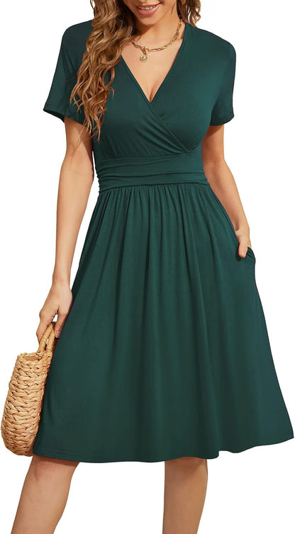 Women'S Summer Short Sleeve Casual Dresses V-Neck Floral Party Dress with Pockets
