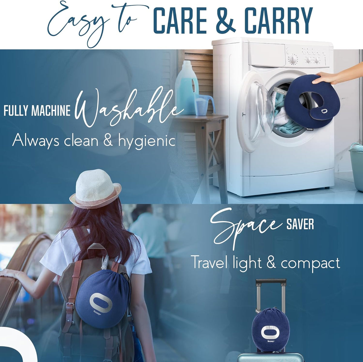 Travel Neck Pillow for Airplane - Patented Head, Neck & Chin Support. Soft, Adjustable Pillow for Comfortable Resting on Long Flights, Car Rides & Recliners. Washable, Carry Bag, Large, Navy