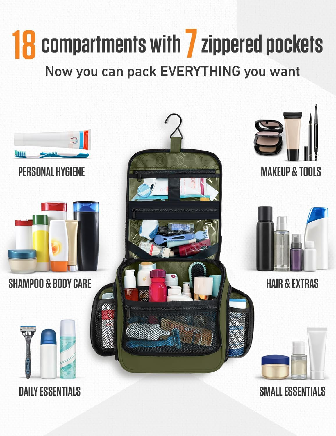Hanging Travel Toiletry Bag, 18 Compartments - Forest Green