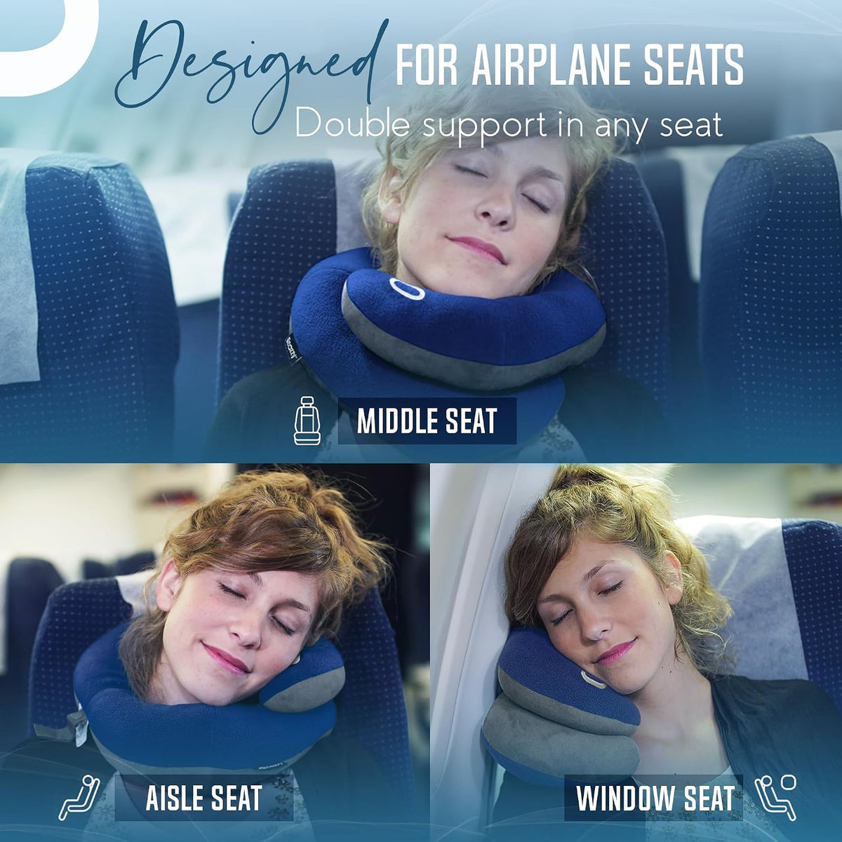 Travel Neck Pillow for Airplane - Patented Head, Neck & Chin Support. Soft, Adjustable Pillow for Comfortable Resting on Long Flights, Car Rides & Recliners. Washable, Carry Bag, Large, Navy