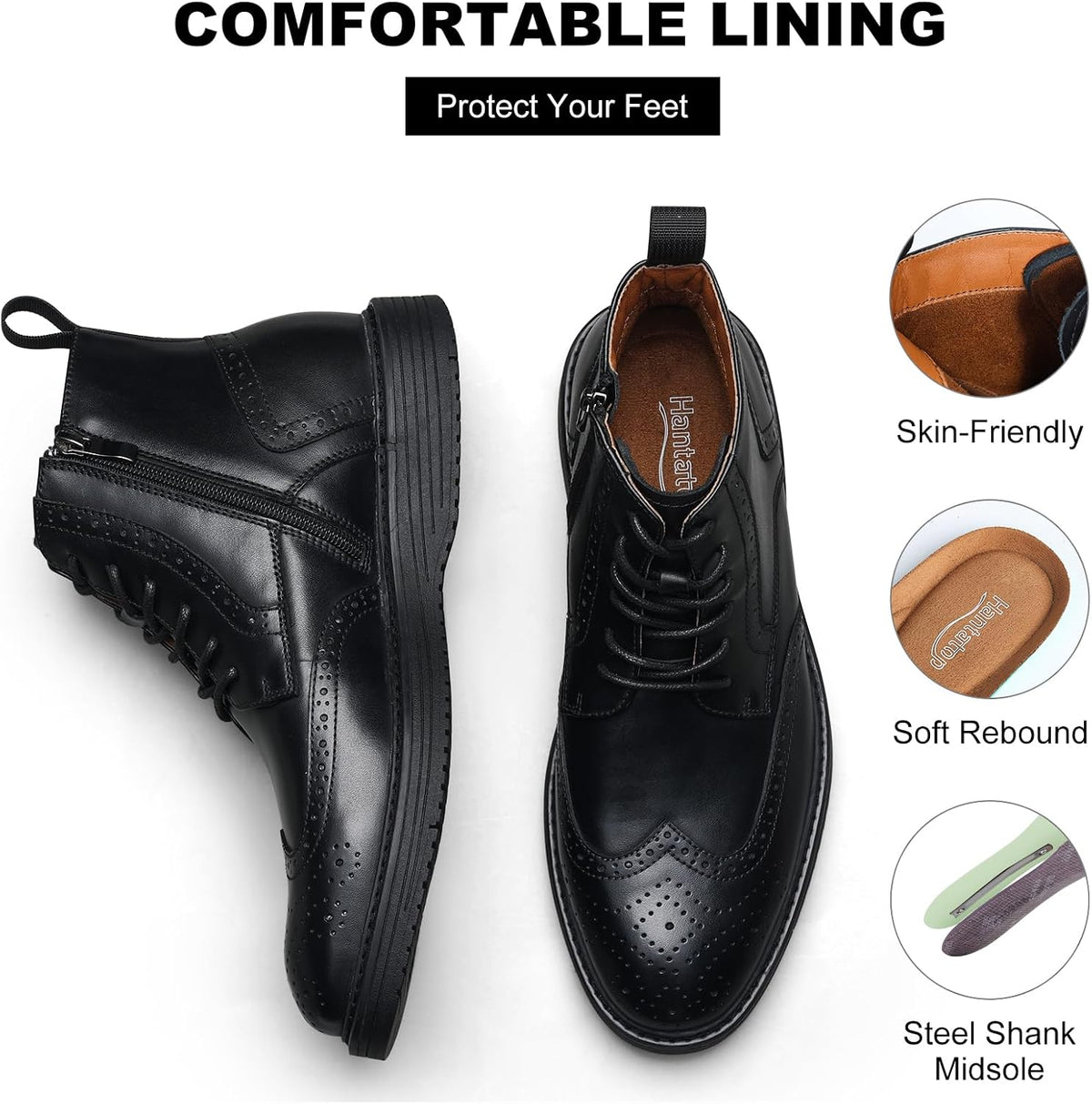 Mens Dress Boots, Genuine Leather Brogue Wingtip Mens Casual Oxford Boots with Side Zipper, Comfortable Formal Lace up Chukka Ankle Boot for Men