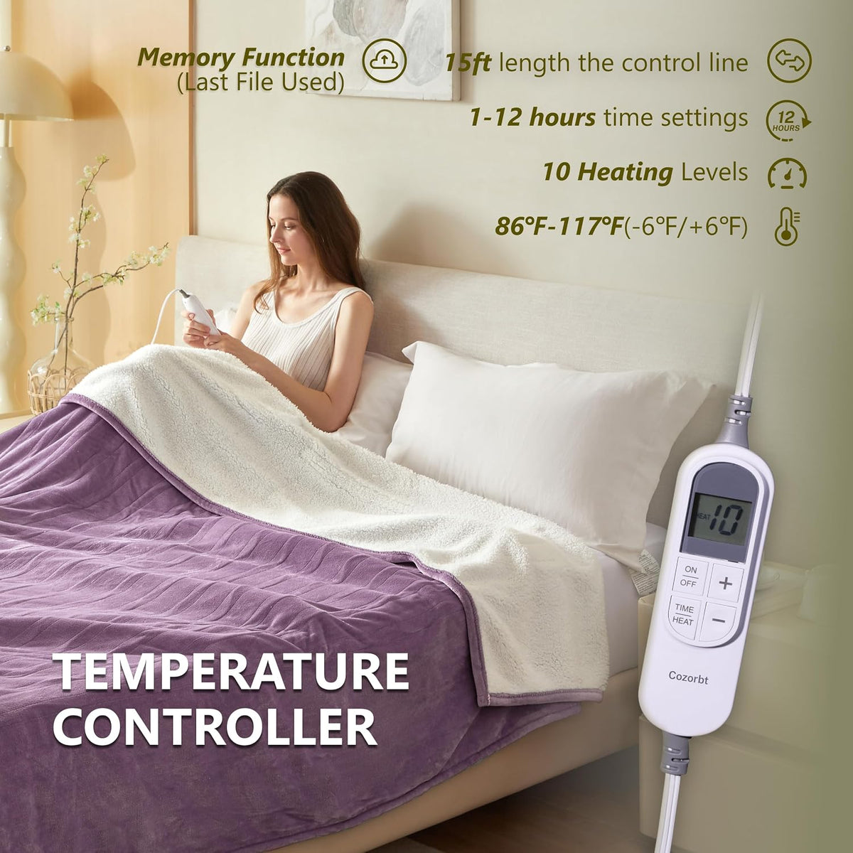 Heat Blanket 72”X84” Full Size,Soft Flannel & Sherpa Reversible Electric Blanket with 10 Heat Settings,12 Timer Setting and 8 Hours Auto-Shut Off,Etl Certified Machine Washable,Purple