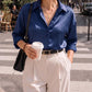 Women Satin Silk Button down Shirt Ladies Long Sleeve Tops V Neck Loose Blouse Dressy Business Casual Work Tunic Fall