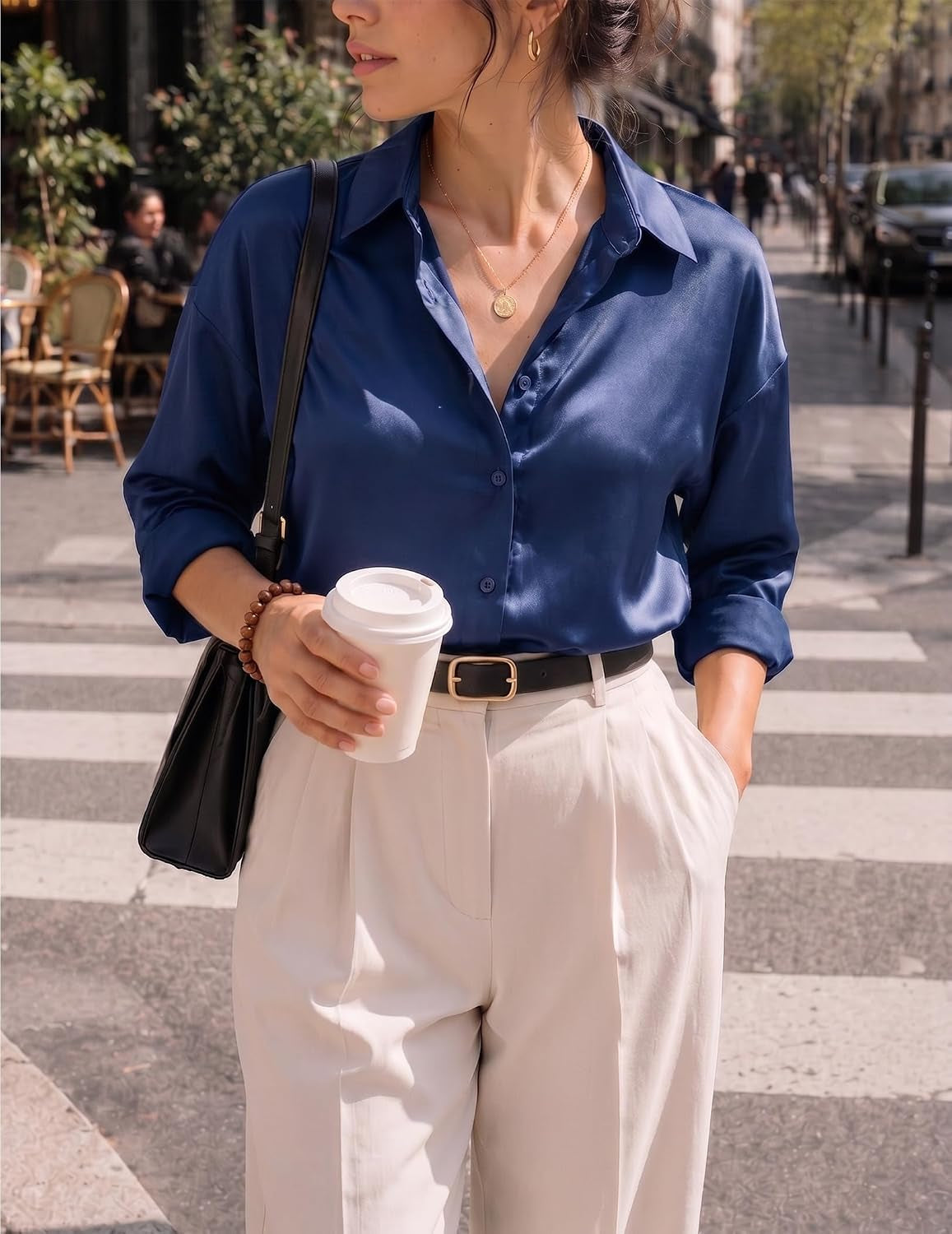 Women Satin Silk Button down Shirt Ladies Long Sleeve Tops V Neck Loose Blouse Dressy Business Casual Work Tunic Fall
