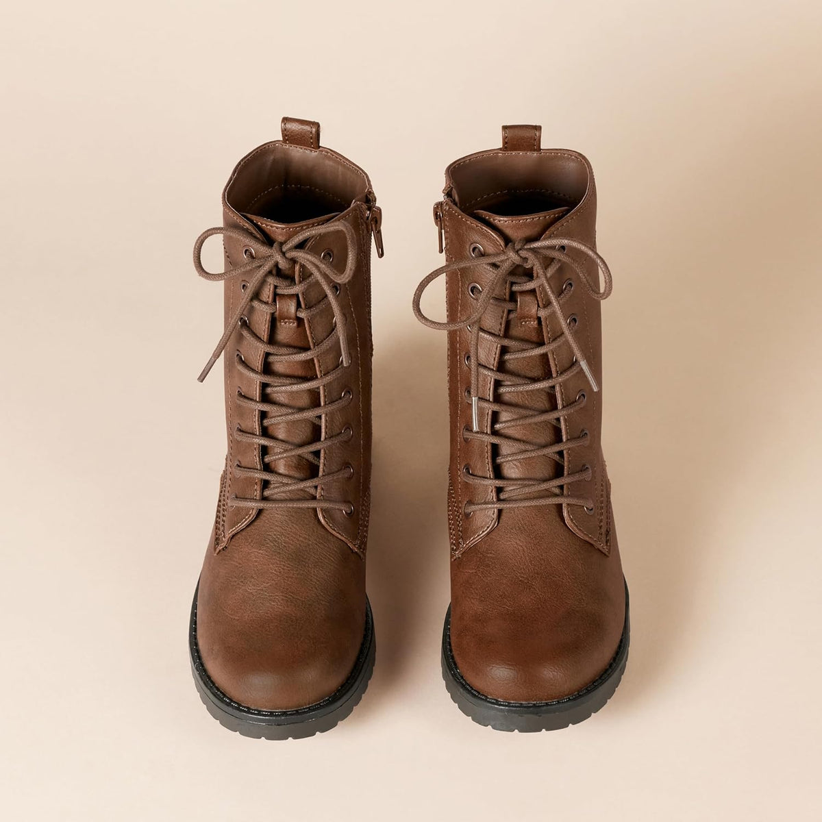 Women'S Lace-Up Combat Ankle Boots with Side Zipper, Lug Sole