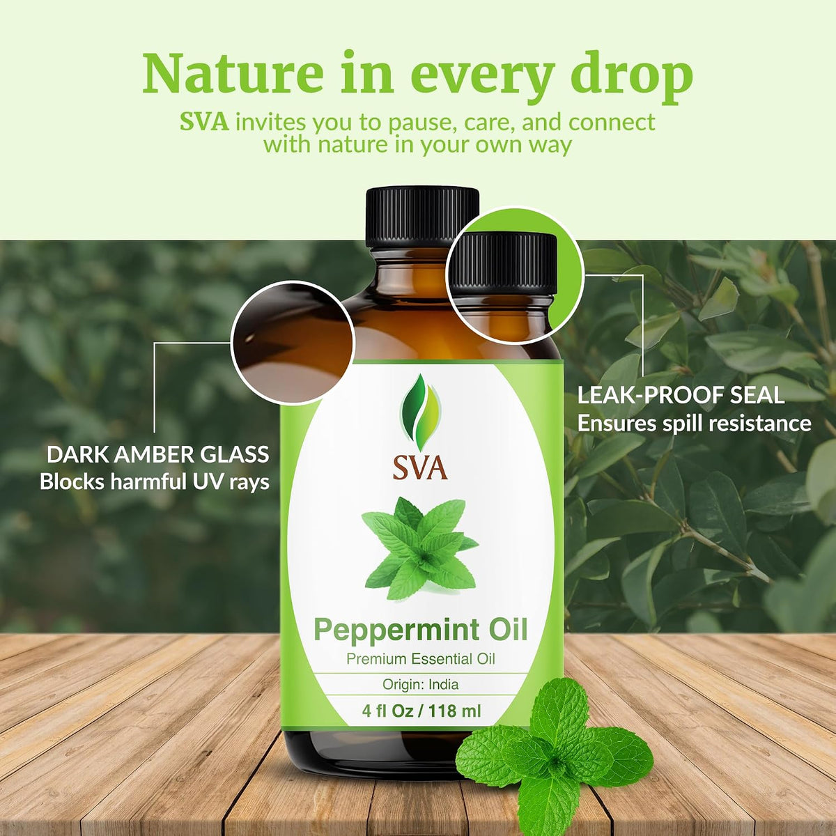 SVA Peppermint Essential Oil, Glass Bottle with Dropper, 4 Fl Oz (118 Ml)