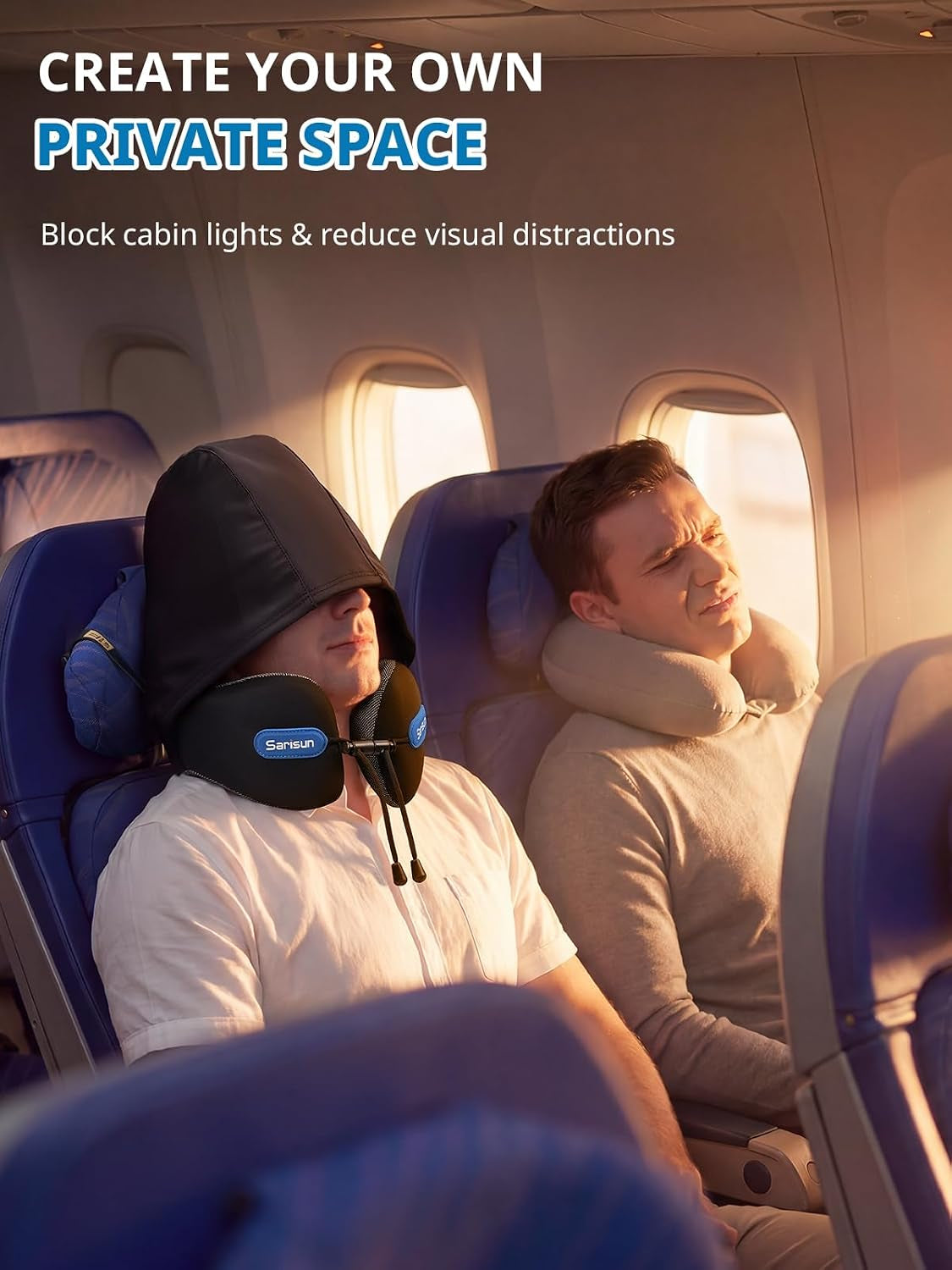 Travel Neck Pillow with Large Hood for Privacy Sleep on Long Flight