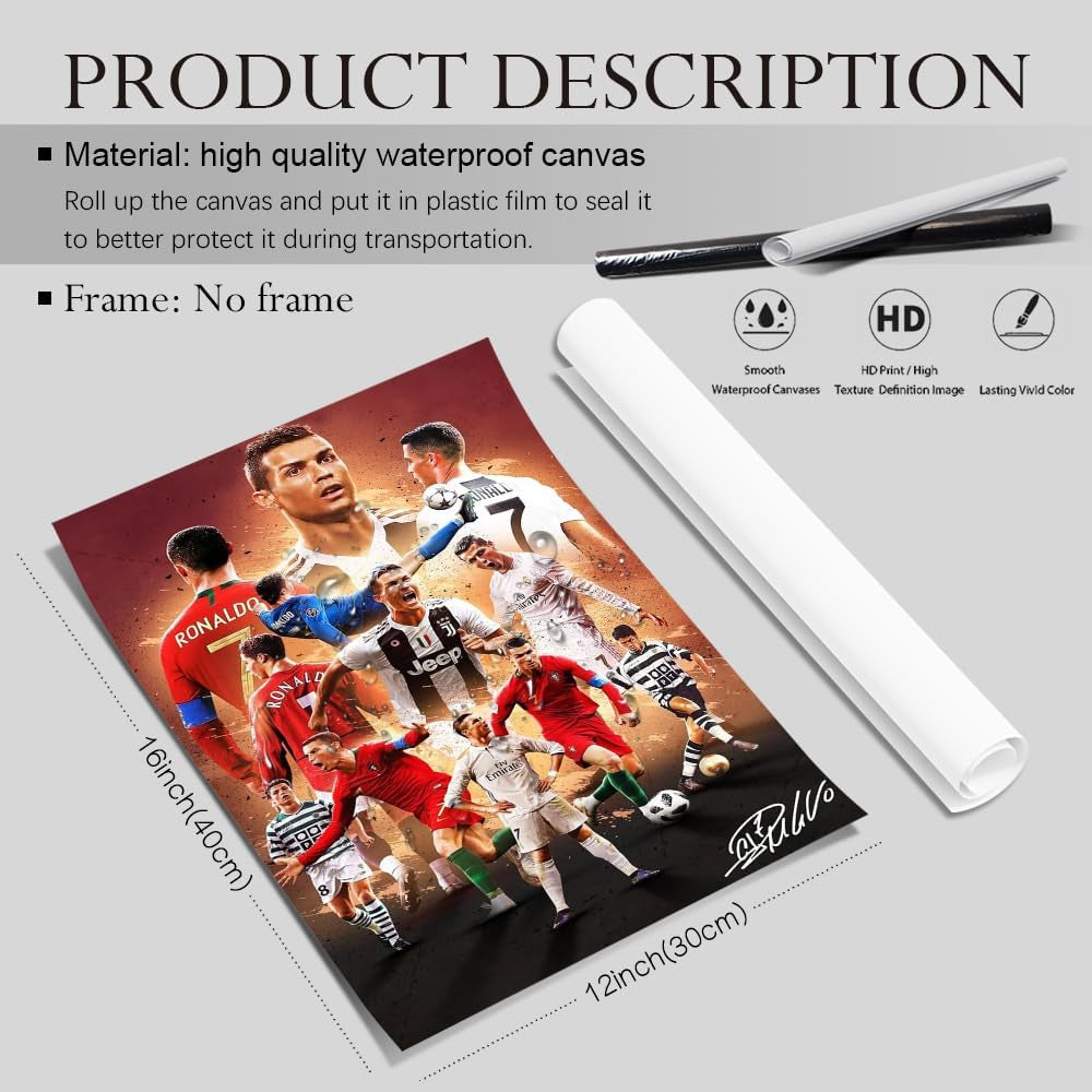 Soccer Superstar Cristiano Ronaldo Signed Poster for Kids Fans Room Bedroom Wall Decor-Sports Star Posters Canvas Art Print Picture for Teen Boy Birthday Gifts