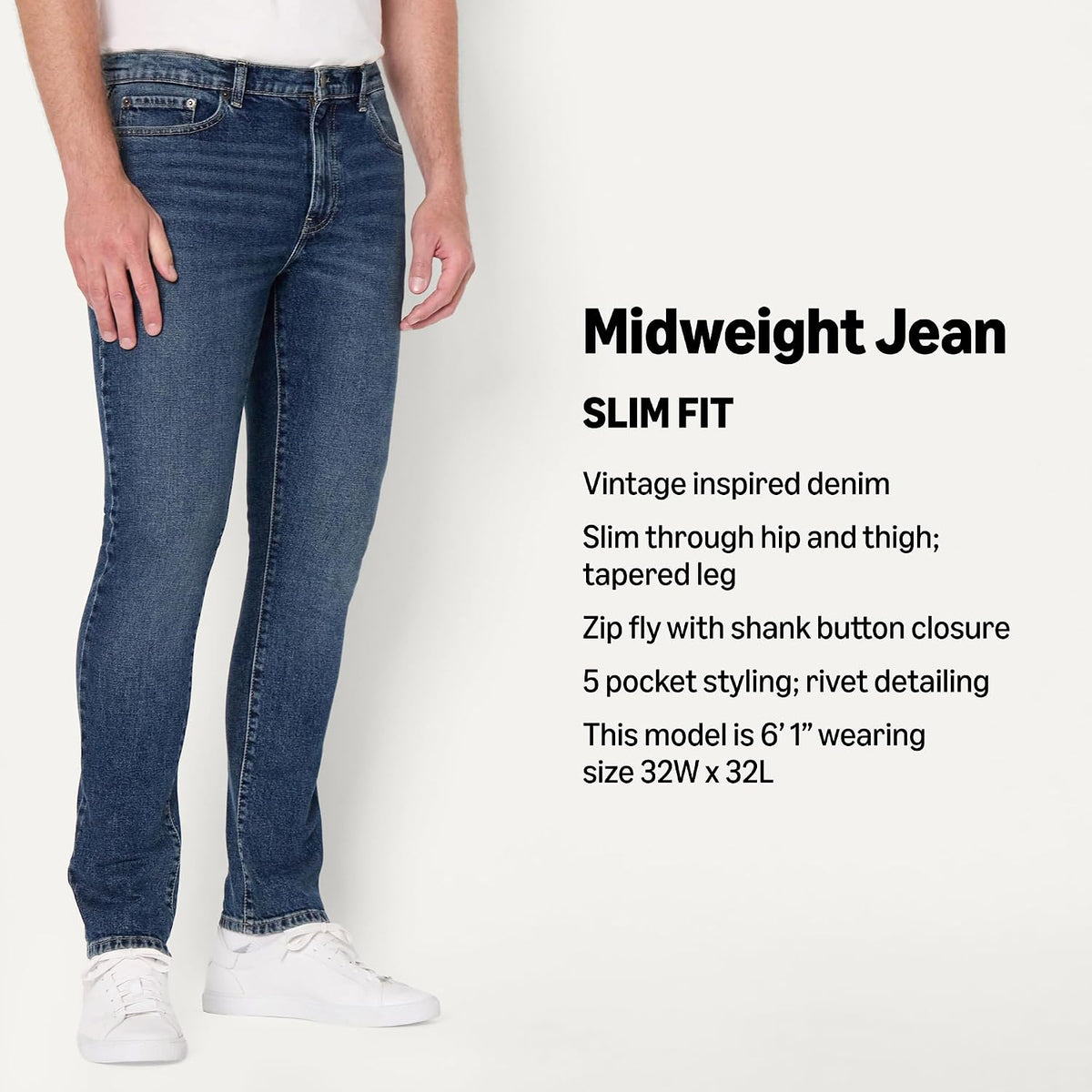 Men'S Low Stretch Slim-Fit Jean, Tapered Leg, Vintage Inspired Midweight Denim