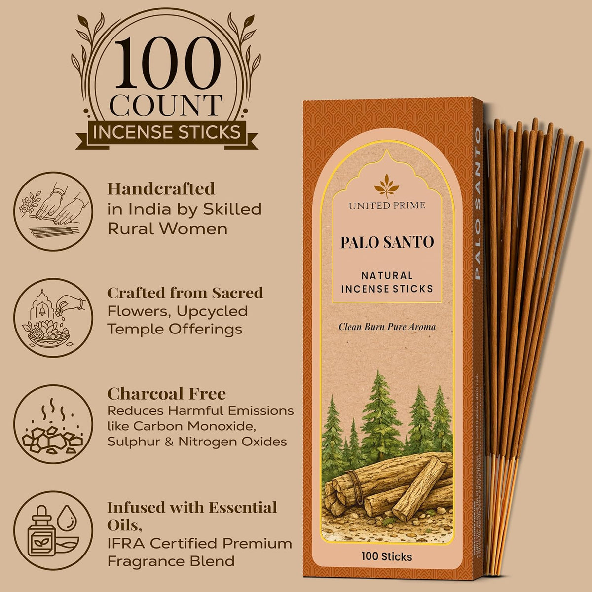 Palo Santo Incense Sticks, 100 Sticks, Organic Non Toxic Insence,No Charcoal Clean Burning, 100% Natural Sustainably Harvested, Spiritual Healing Calming Aroma for Positive Vibes