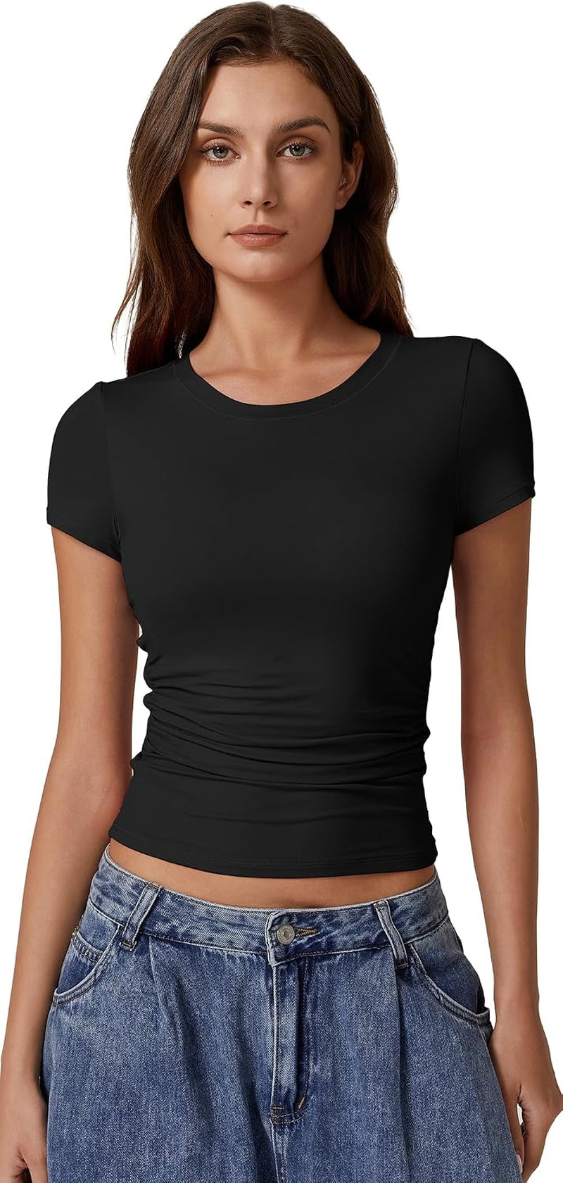 Short Sleeve Shirts for Women round Neck Basic Double Lined Tees Fitted Y2K Crop Tops