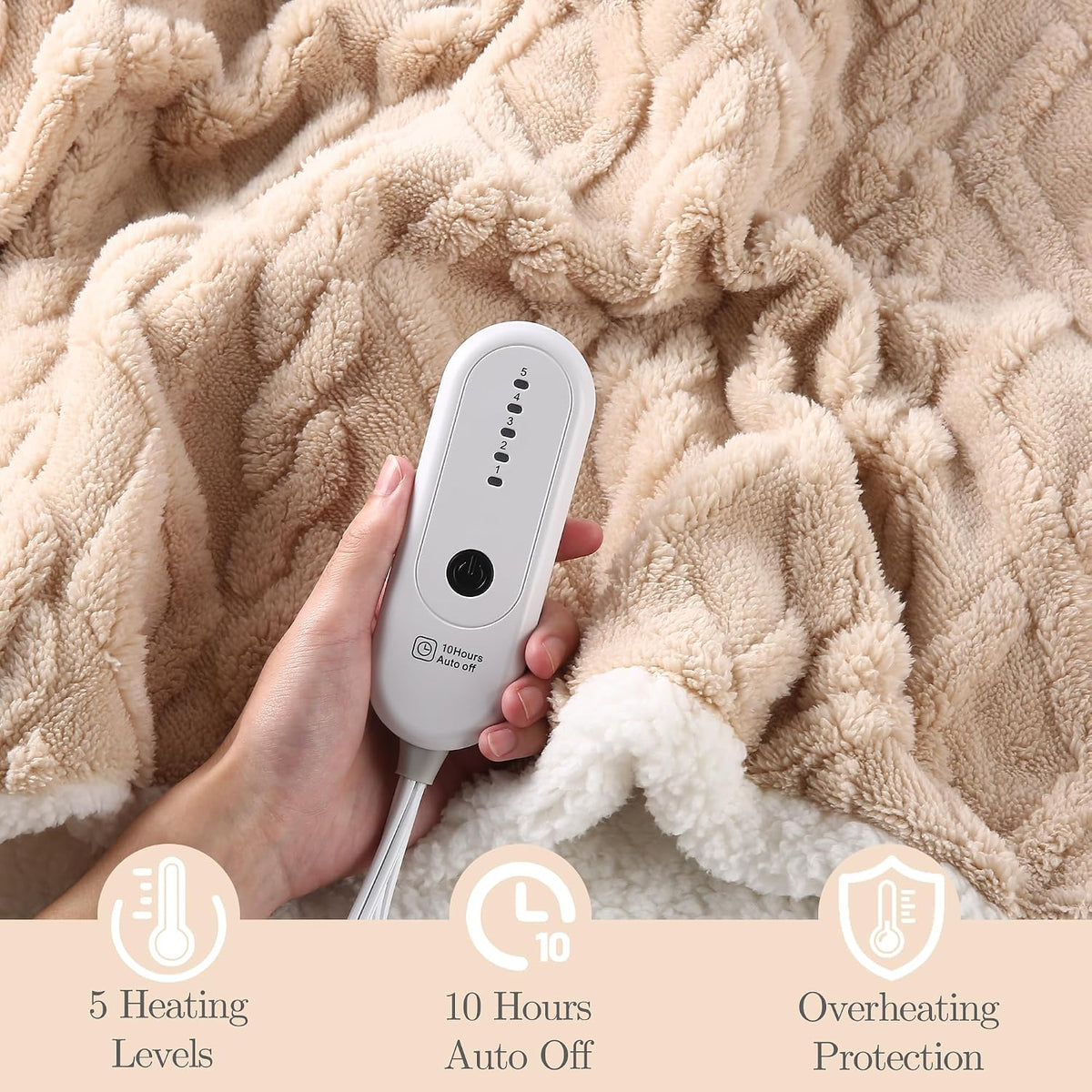 Electric Heated Blanket, 3D Pattern Design, Twin Size Sherpa Super Cozy Heated Blanket with 5 Heating Levels & 10 Hours Auto Off, Beige
