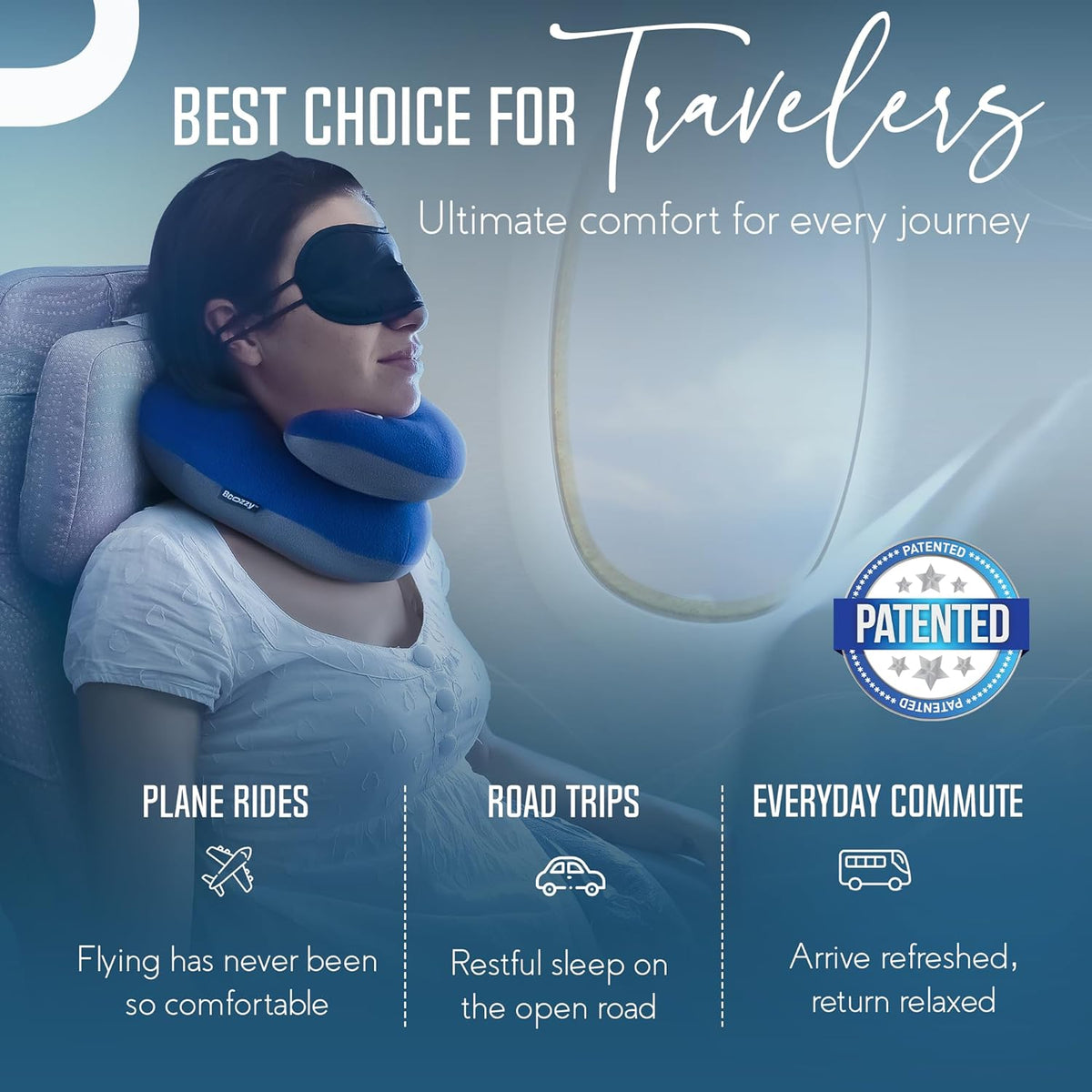 Travel Neck Pillow for Airplane - Patented Head, Neck & Chin Support. Soft, Adjustable Pillow for Comfortable Resting on Long Flights, Car Rides & Recliners. Washable, Carry Bag, Large, Navy