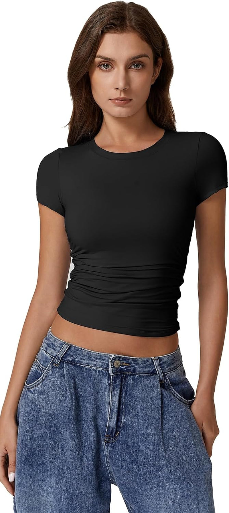 Short Sleeve Shirts for Women round Neck Basic Double Lined Tees Fitted Y2K Crop Tops