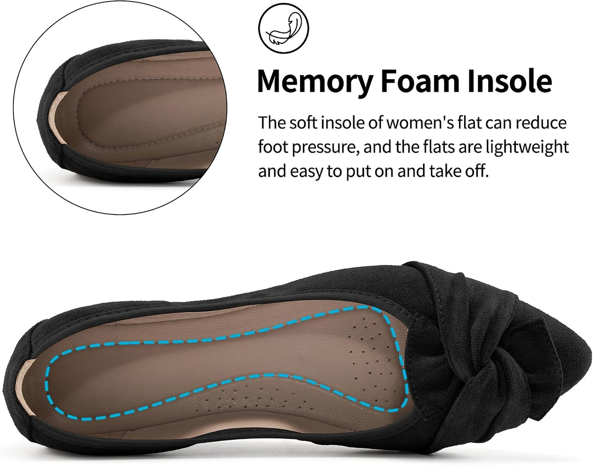 Comfortable Dressy Flats for Women: Cushioned Insole & Lightweight for All-Day Office Comfort - Slip on & Foldable for Working Professional with Bow