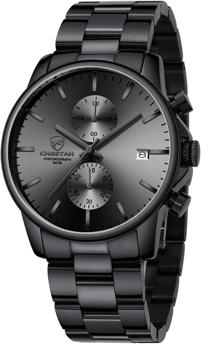 Fashion Business Mens Watches with Stainless Steel Waterproof Chronograph Quartz Watch for Men, Auto Date