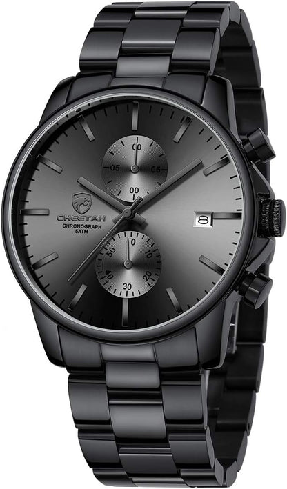 Fashion Business Mens Watches with Stainless Steel Waterproof Chronograph Quartz Watch for Men, Auto Date
