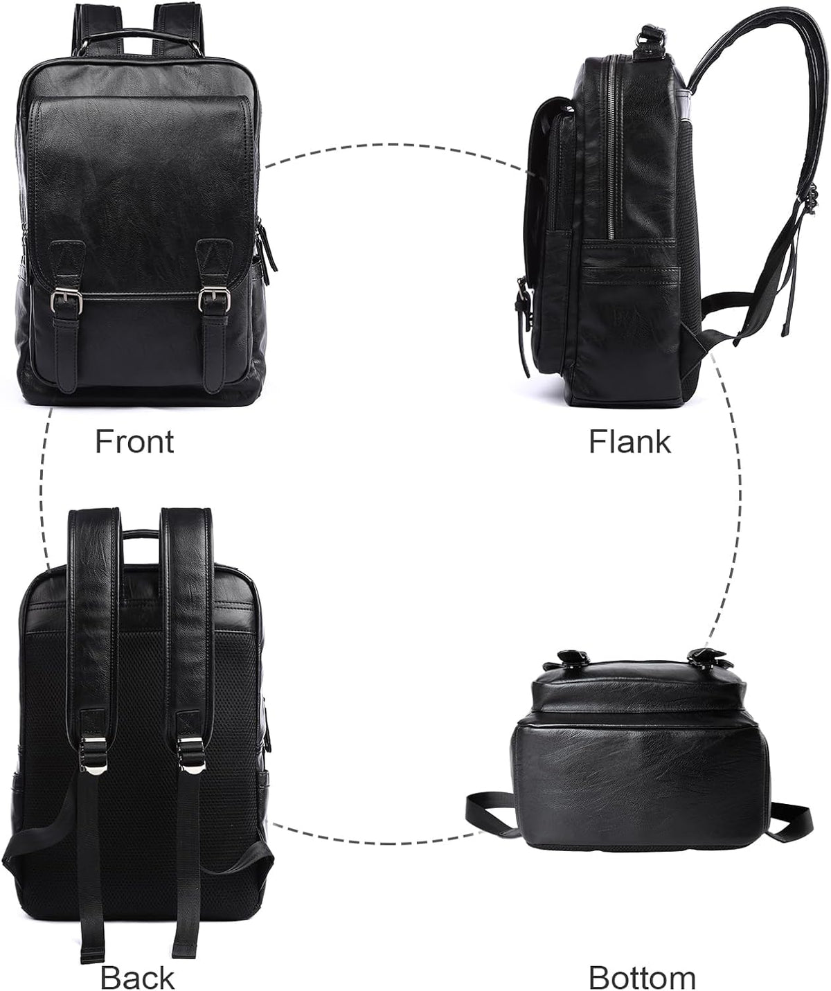 Leather Backpack Fits 15.6 Inch Laptop Vintage Backpack Waterproof Flap Bookbag for Men Leather Travel Backpack for Men Casual Knapsack Black