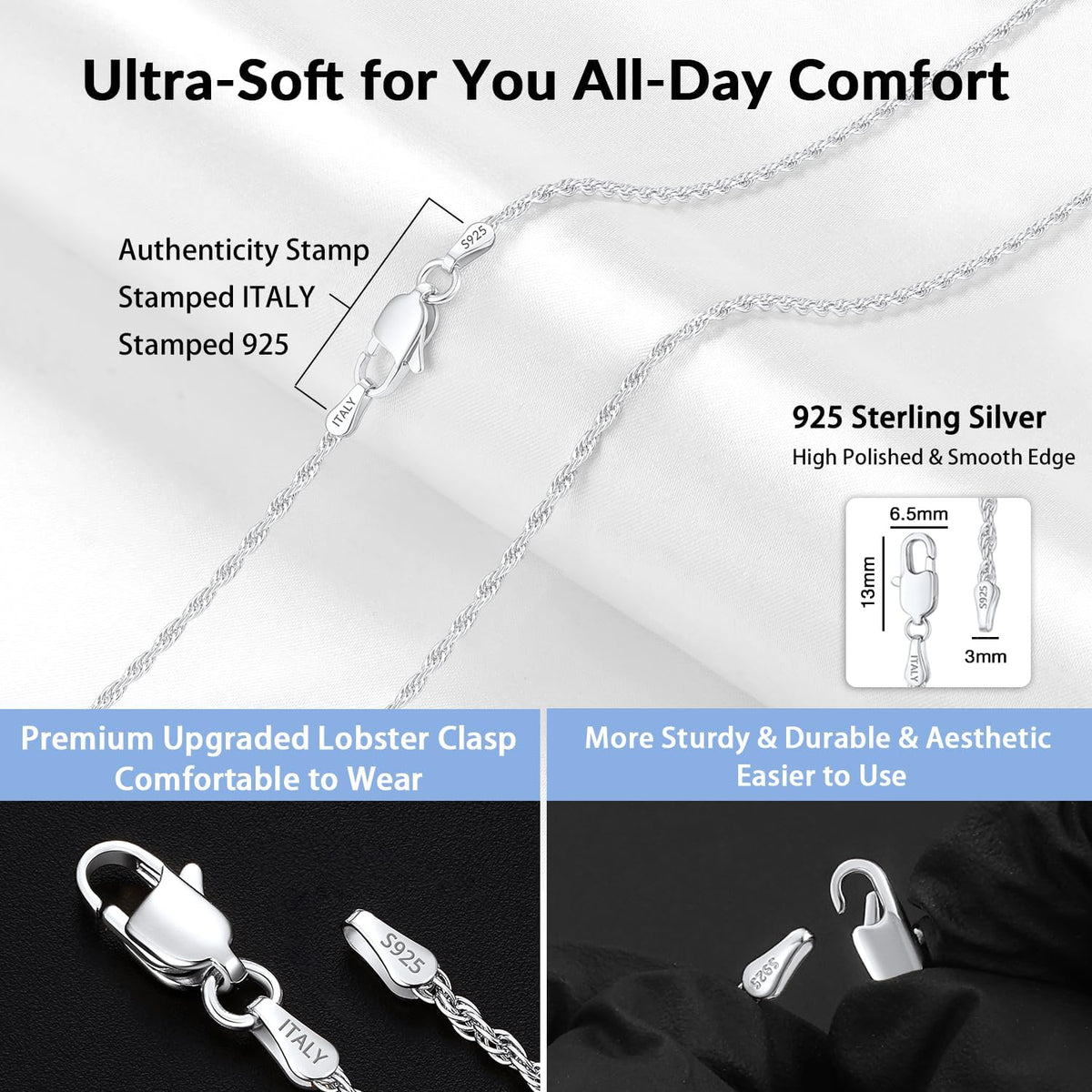 2Mm Rope Chain 925 Sterling Silver Chain Necklace for Women, 14K Gold Plated Chains for Women Sturdy Women'S Chains Necklace, 16 18 20 22 24 26 Inch