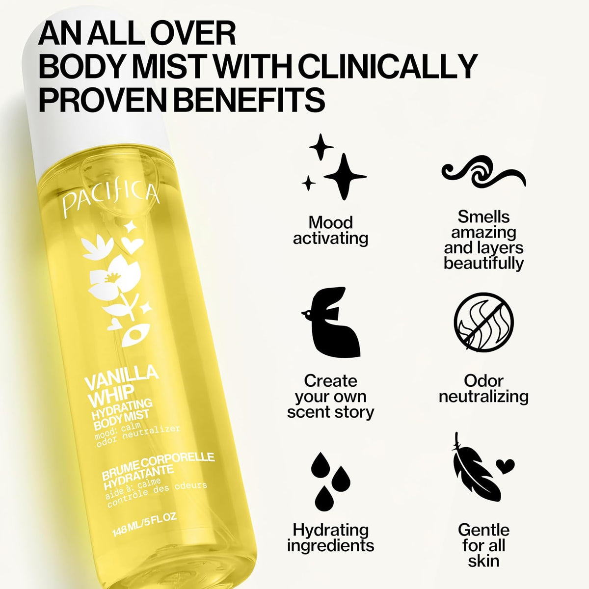 Vanilla Whip Body Mist for Women; Sweet Gourmand Hair and Body Fragrance Spray | Warm Sugar Almond Scent, Odor Neutralizing, Skin Hydrating | Clean Botanical Mist | Vegan, Phthalate-Free 5Oz