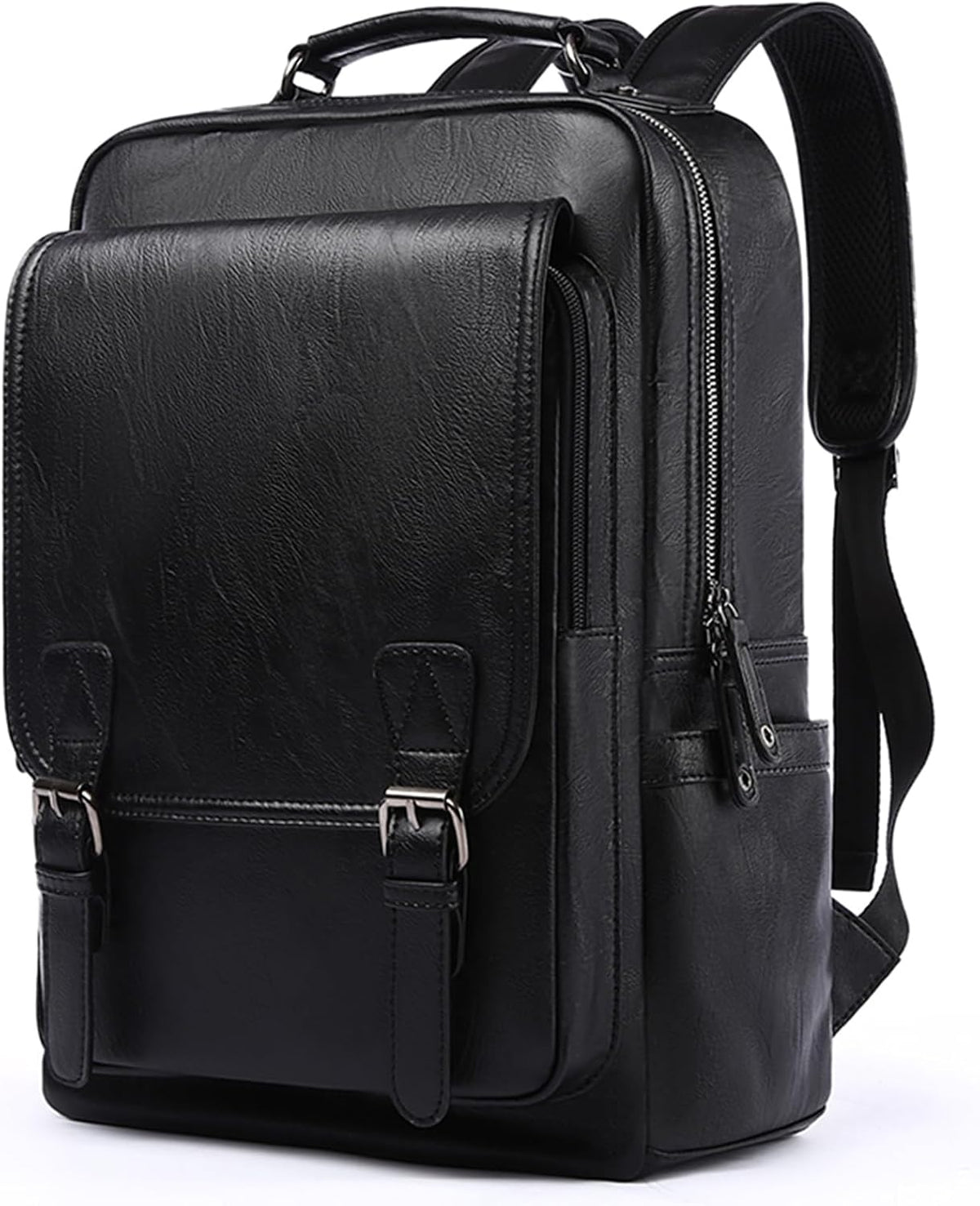 Leather Backpack Fits 15.6 Inch Laptop Vintage Backpack Waterproof Flap Bookbag for Men Leather Travel Backpack for Men Casual Knapsack Black