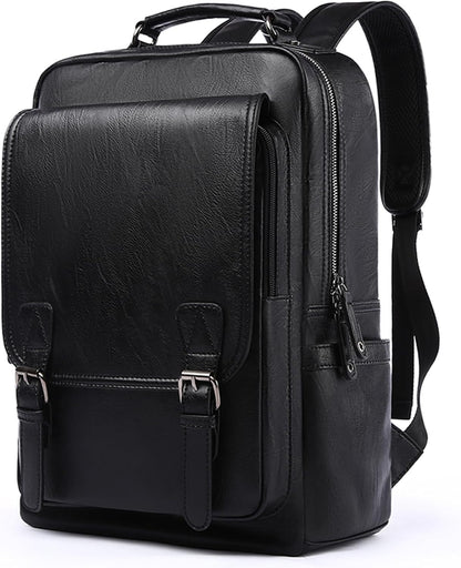 Leather Backpack Fits 15.6 Inch Laptop Vintage Backpack Waterproof Flap Bookbag for Men Leather Travel Backpack for Men Casual Knapsack Black