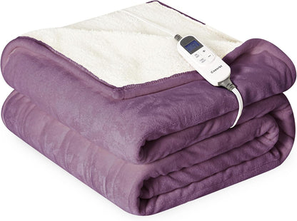 Heat Blanket 72”X84” Full Size,Soft Flannel & Sherpa Reversible Electric Blanket with 10 Heat Settings,12 Timer Setting and 8 Hours Auto-Shut Off,Etl Certified Machine Washable,Purple
