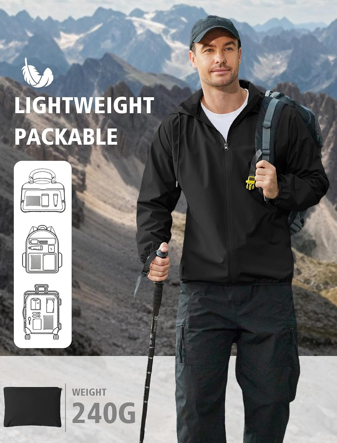 Men'S Light Rain Jacket Packable Waterproof Raincoat Windbreaker