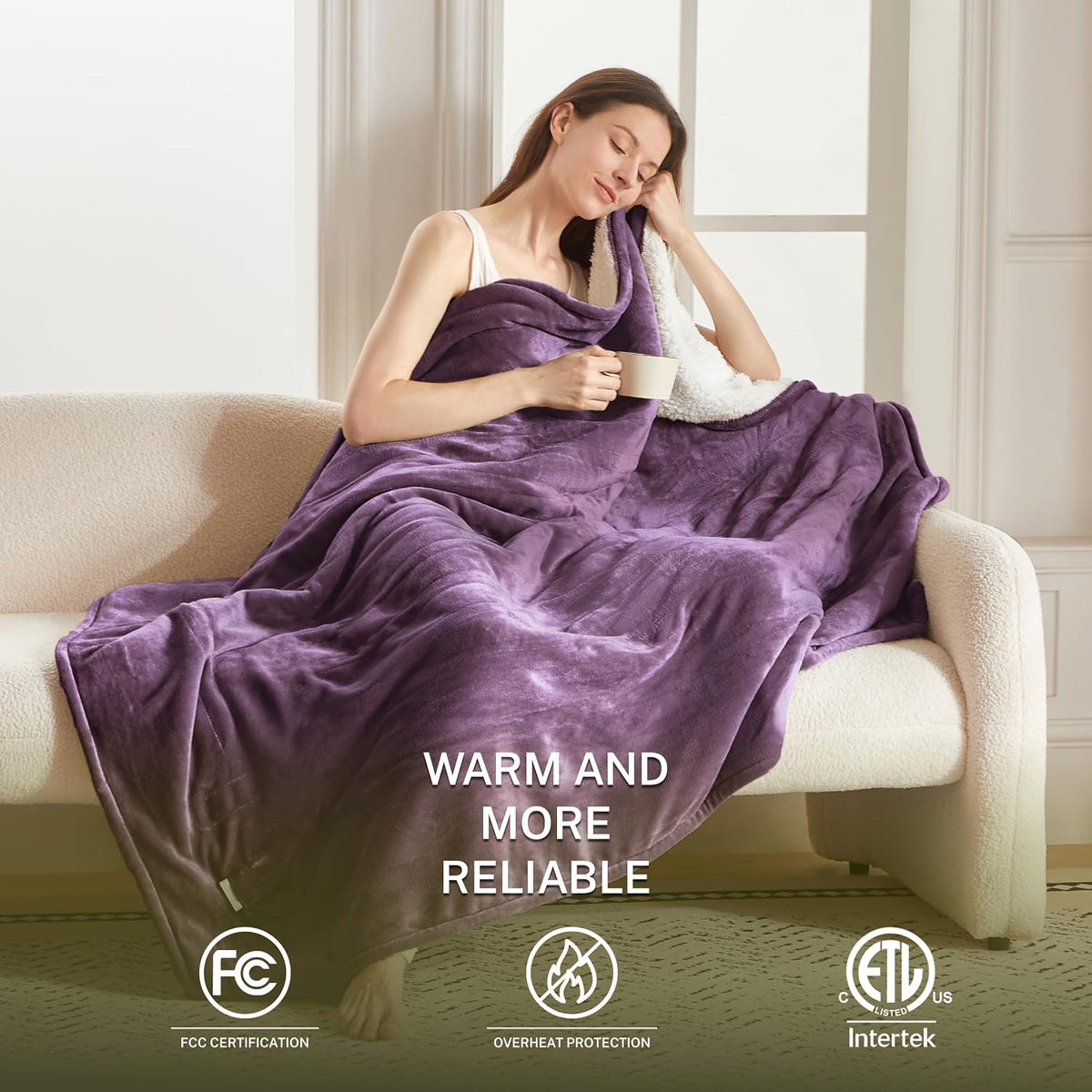 Heat Blanket 72”X84” Full Size,Soft Flannel & Sherpa Reversible Electric Blanket with 10 Heat Settings,12 Timer Setting and 8 Hours Auto-Shut Off,Etl Certified Machine Washable,Purple