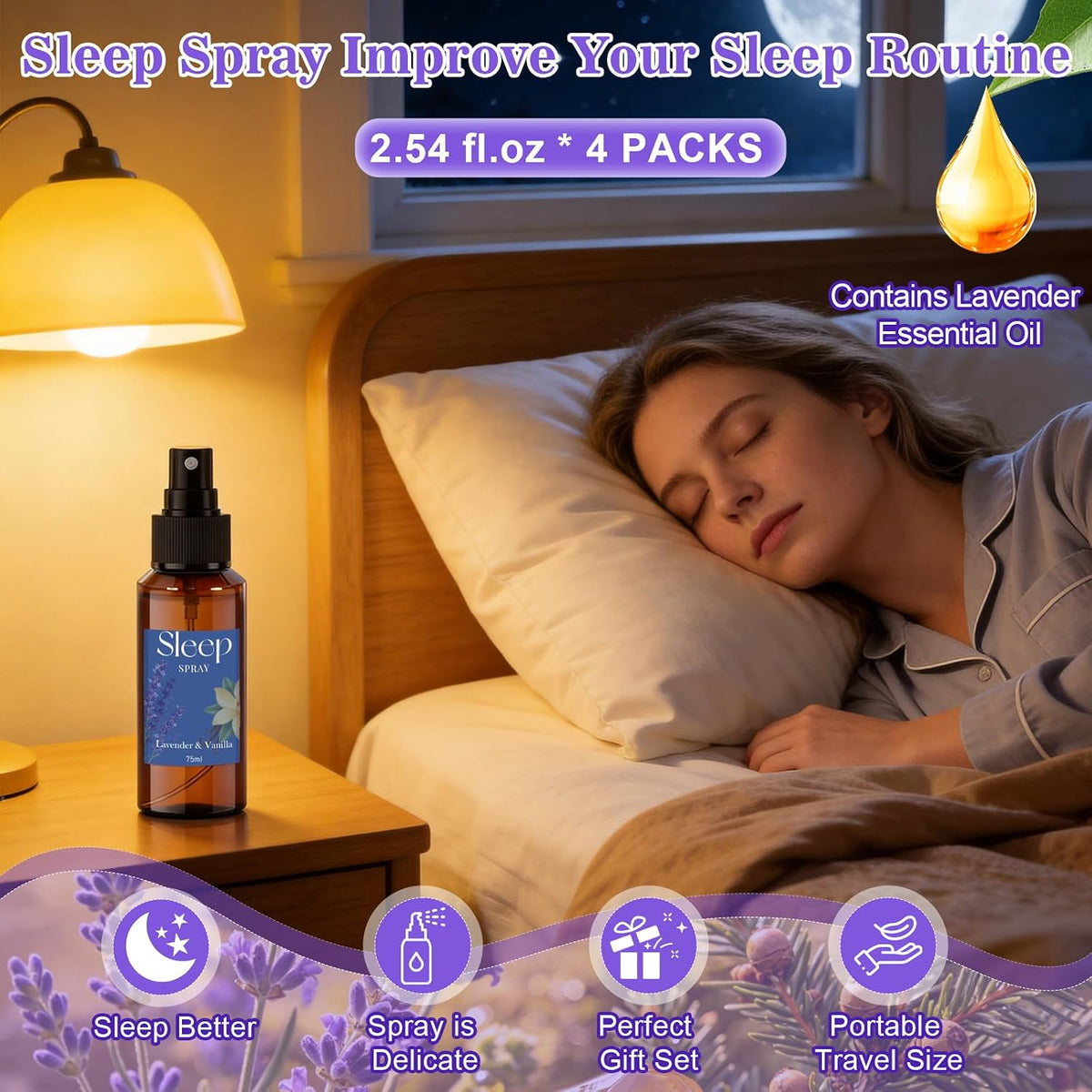 Lavender Sleep Pillow Spray with Essential Oil, 4-Scent, 4 X 2.5 FL OZ