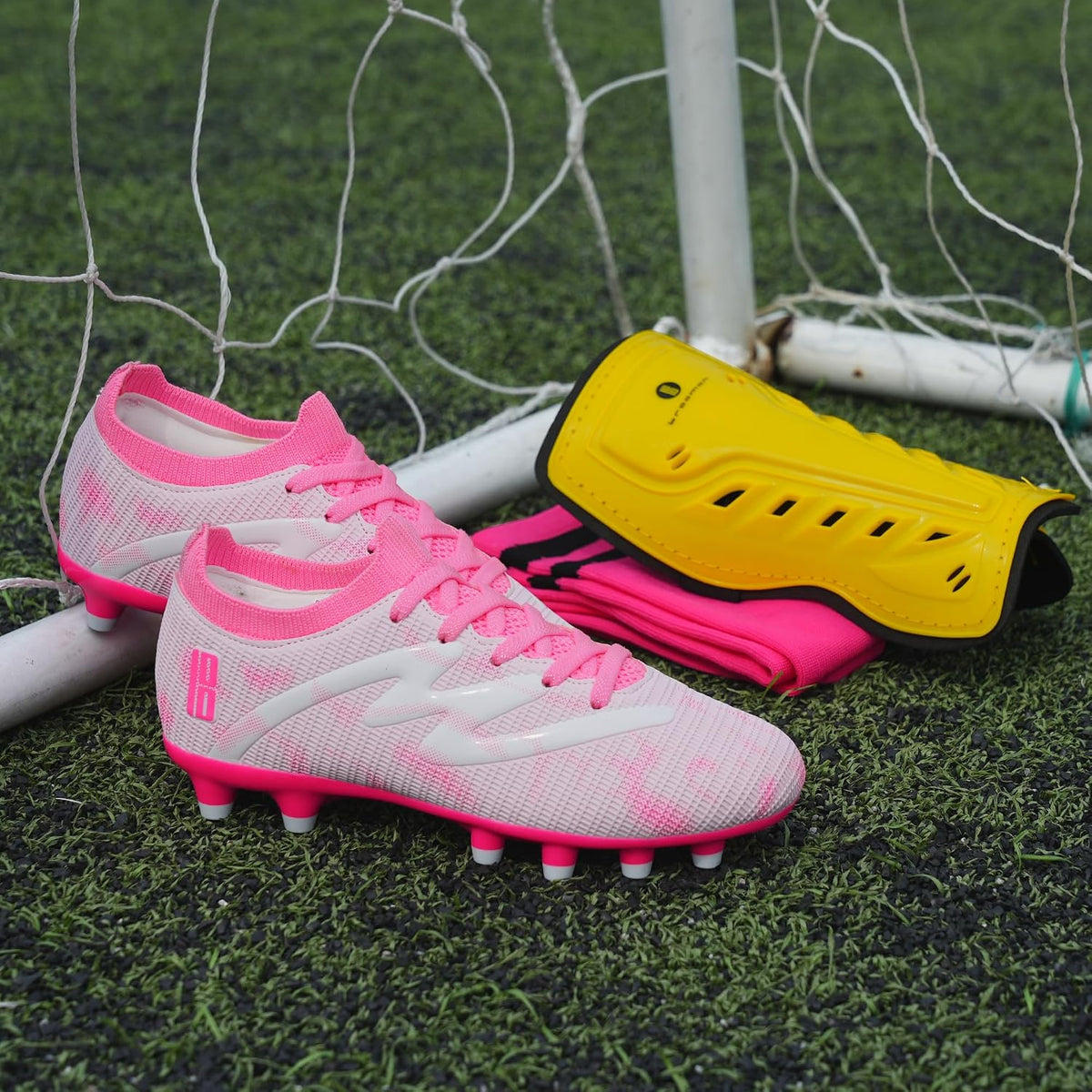 Kids Firm Ground Soccer Cleats Boys Girls Football Shoes with Shin Guards and Soccer Socks