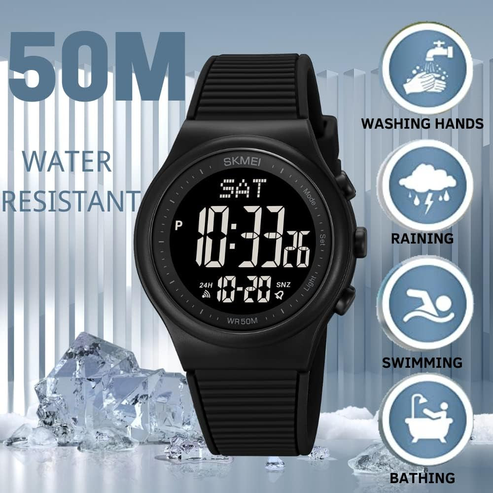Digital Watch for Women Waterproof Black Wristwatch Sports Mens Stopwatch