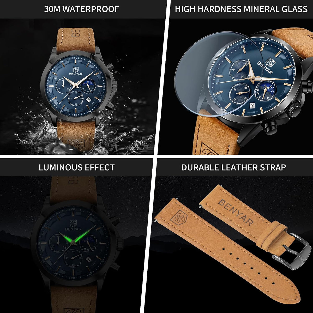 Mens Watches Analog Quartz Chronograph Waterproof Wrist Watches for Men Fashion Business Work Casual Sport Designer Dress Watch with Calendar Elegant Gifts for Men