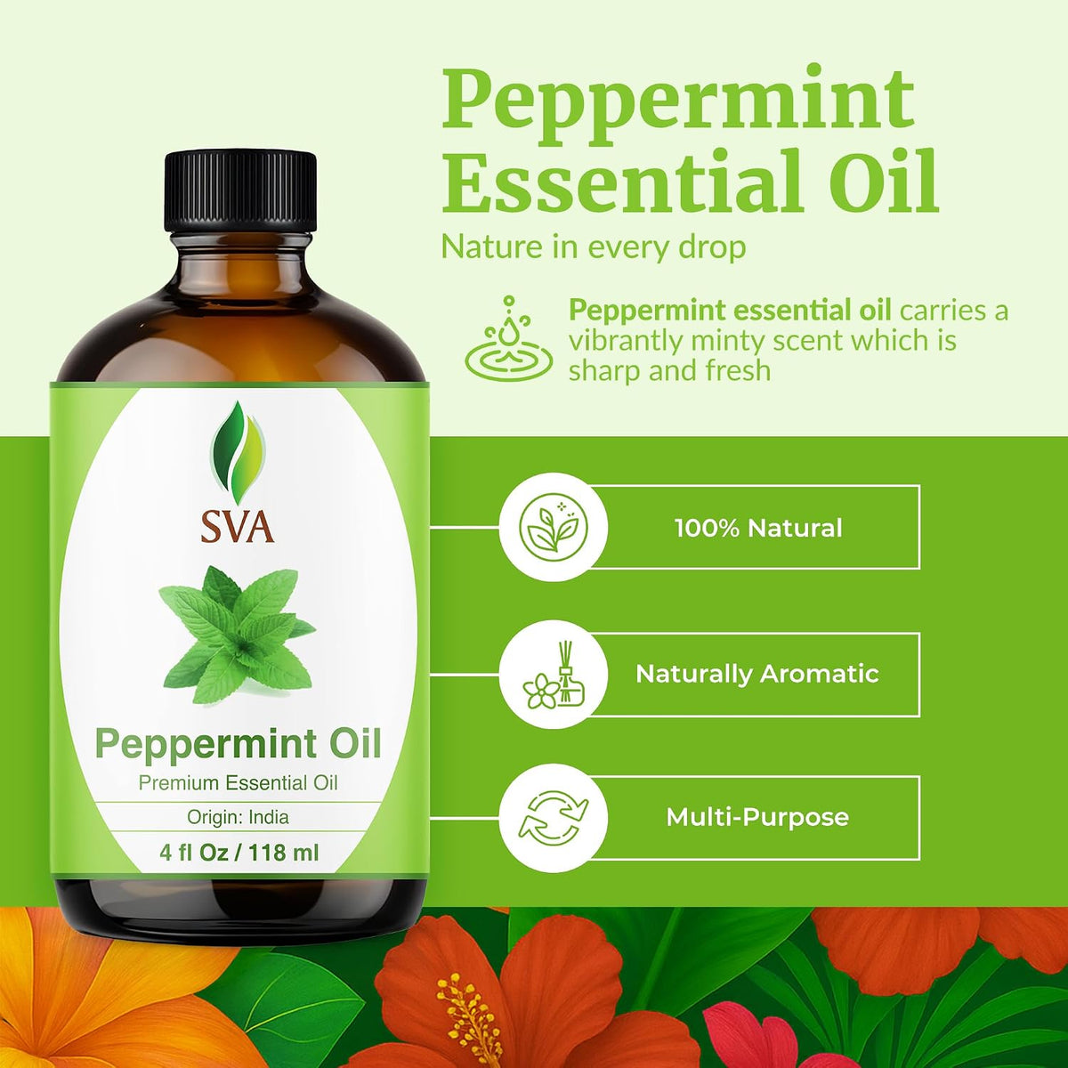 SVA Peppermint Essential Oil, Glass Bottle with Dropper, 4 Fl Oz (118 Ml)