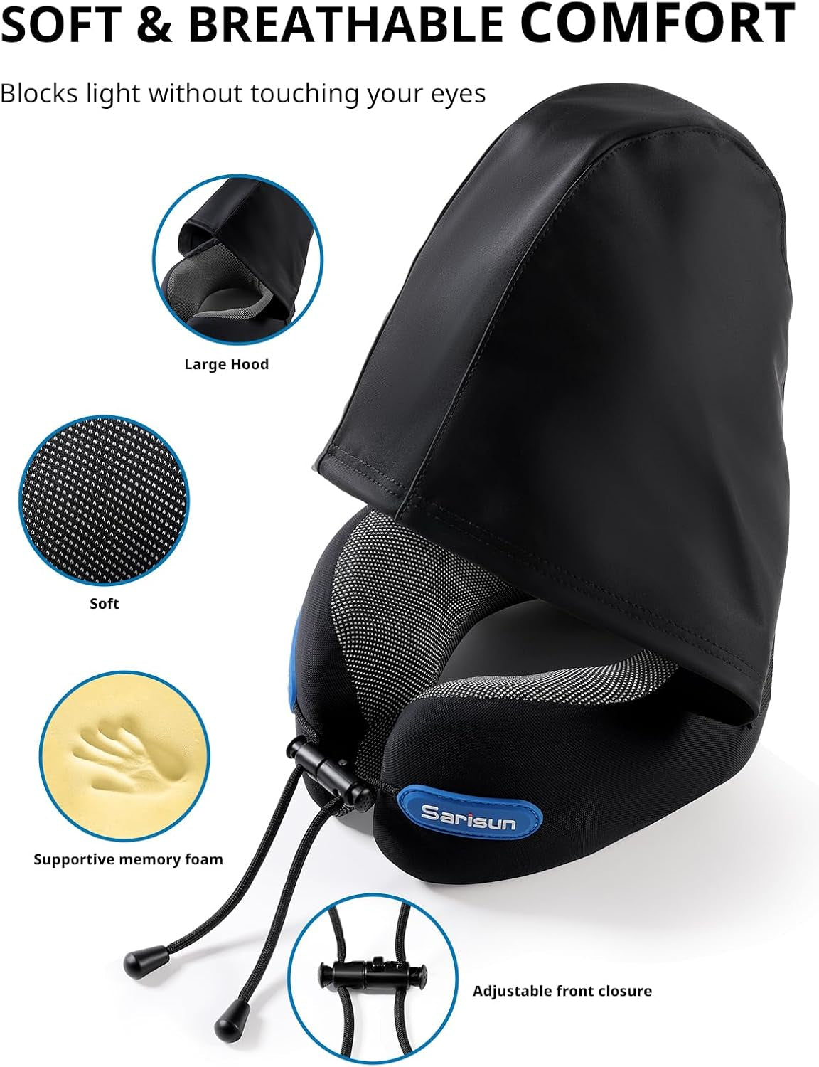 Travel Neck Pillow with Large Hood for Privacy Sleep on Long Flight