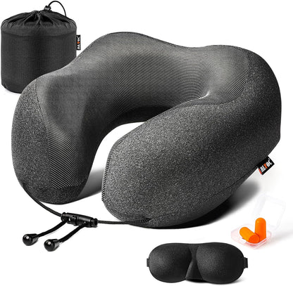 Airplane Travel Neck Pillow for Sleeping, 3D-Eye Mask & Earplugs Kit