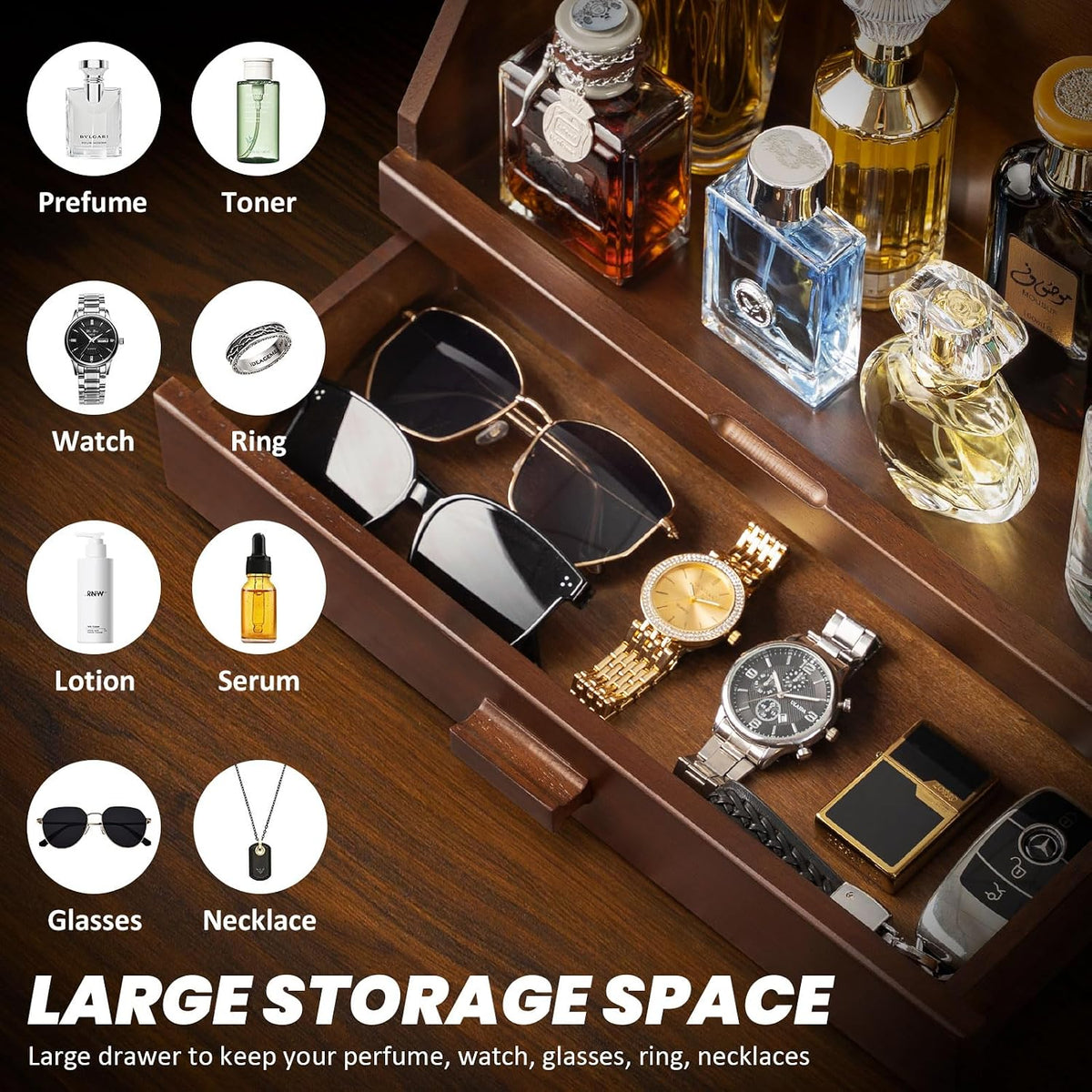 Cologne Organizer for Men, Wood Cologne Stand with Drawer, Large Capacity Cologne Shelf with Cologne Holder Display Large Storage Size15.6 * 11.8 * 6.1In