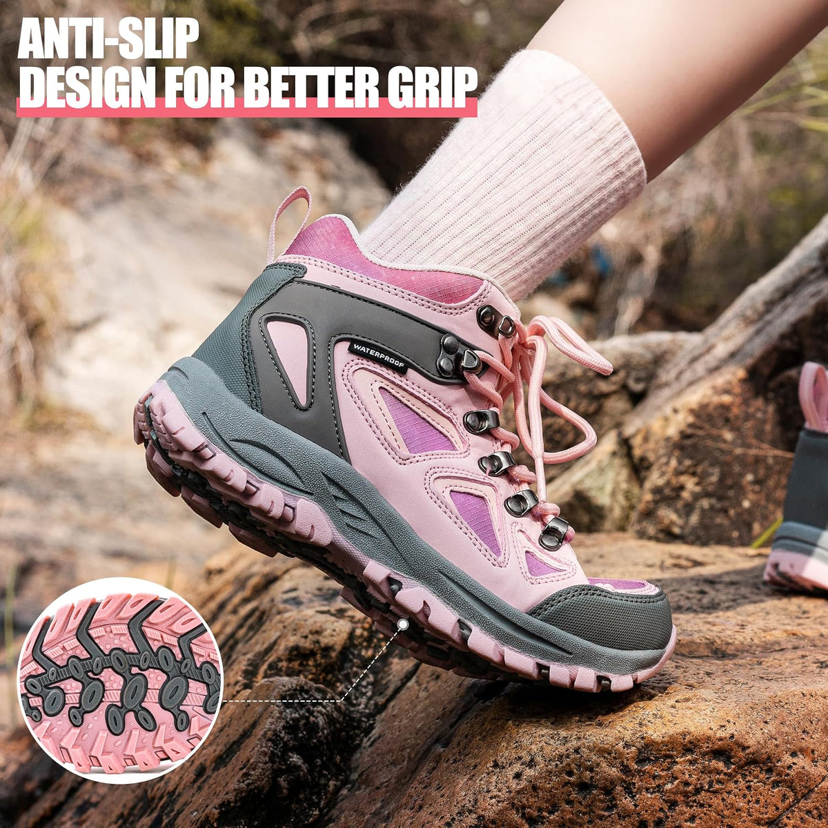 Kids Hiking Boots Waterproof Durable TPR Traction Outsole Anti-Skid Athletic Lace up Hiking Shoes for Outdoor Adventure