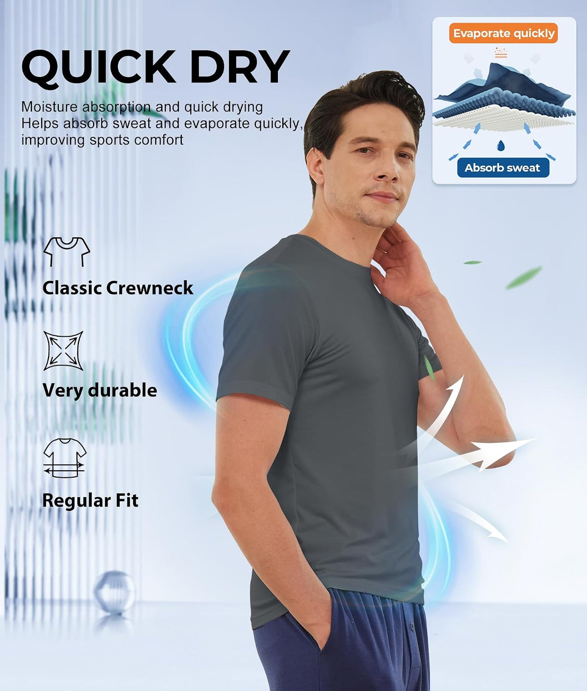 Men'S Undershirts Moisture Wicking Crewneck T Shirts 6 Pack