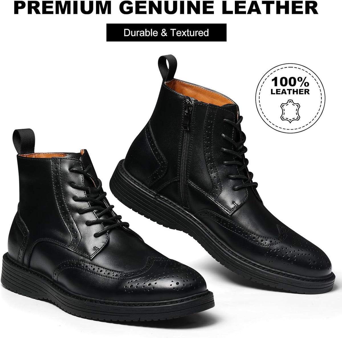 Mens Dress Boots, Genuine Leather Brogue Wingtip Mens Casual Oxford Boots with Side Zipper, Comfortable Formal Lace up Chukka Ankle Boot for Men