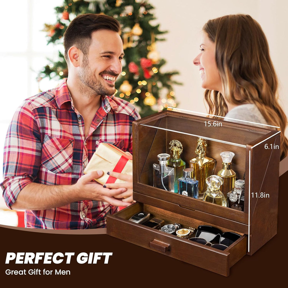 Cologne Organizer for Men, Wood Cologne Stand with Drawer, Large Capacity Cologne Shelf with Cologne Holder Display Large Storage Size15.6 * 11.8 * 6.1In