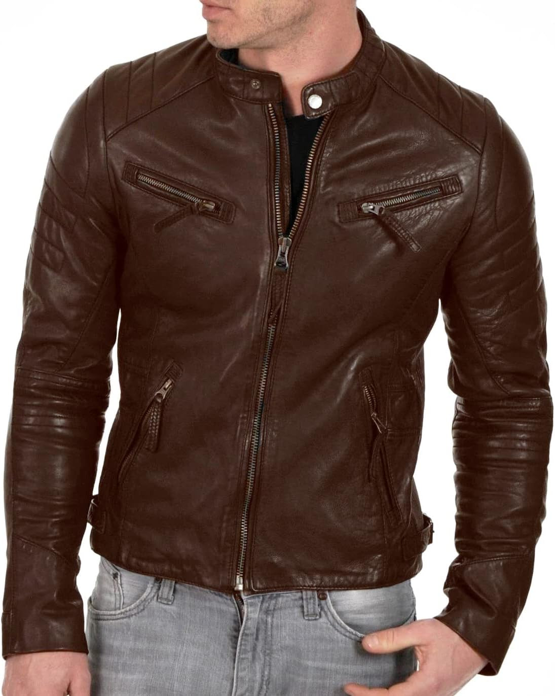 Men'S Black & BROWN Genuine Lambskin Leather Biker Jacket VINTAGE REAL MOTORCYCLE JACKETS for MEN