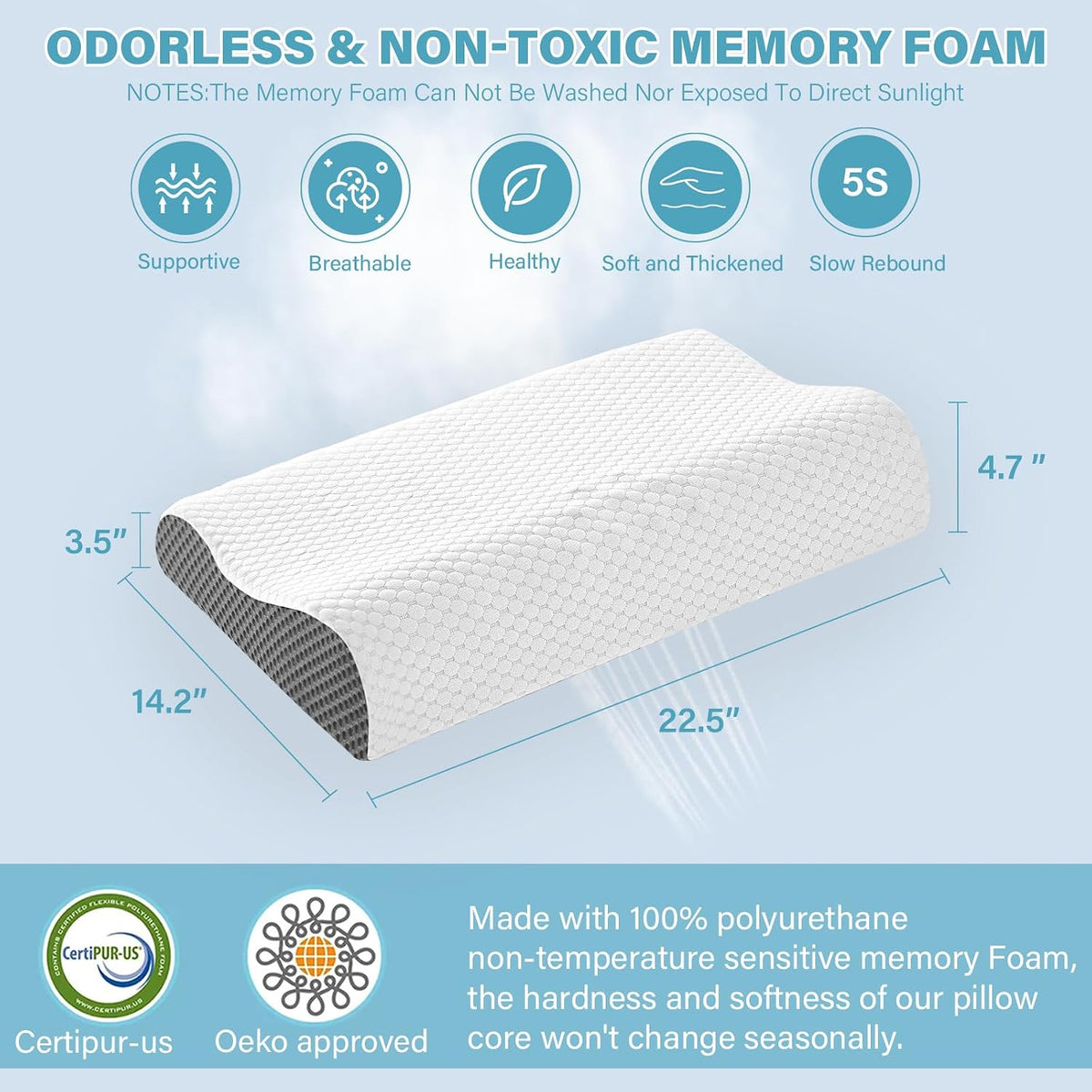 Cooling Pillows Queen Size Set of 2, Memory Foam Bed Pillows for Sleeping, Ergonomic Cervical Pillow for Neck and Shoulder Pain Relief, with Pillowcase（Grey）