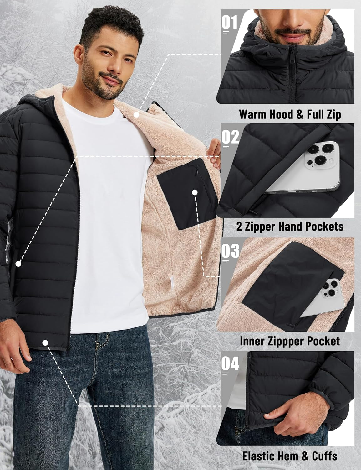 Mens Puffer Jacket Hooded Sherpa Lined Water Resistant Winter Coat