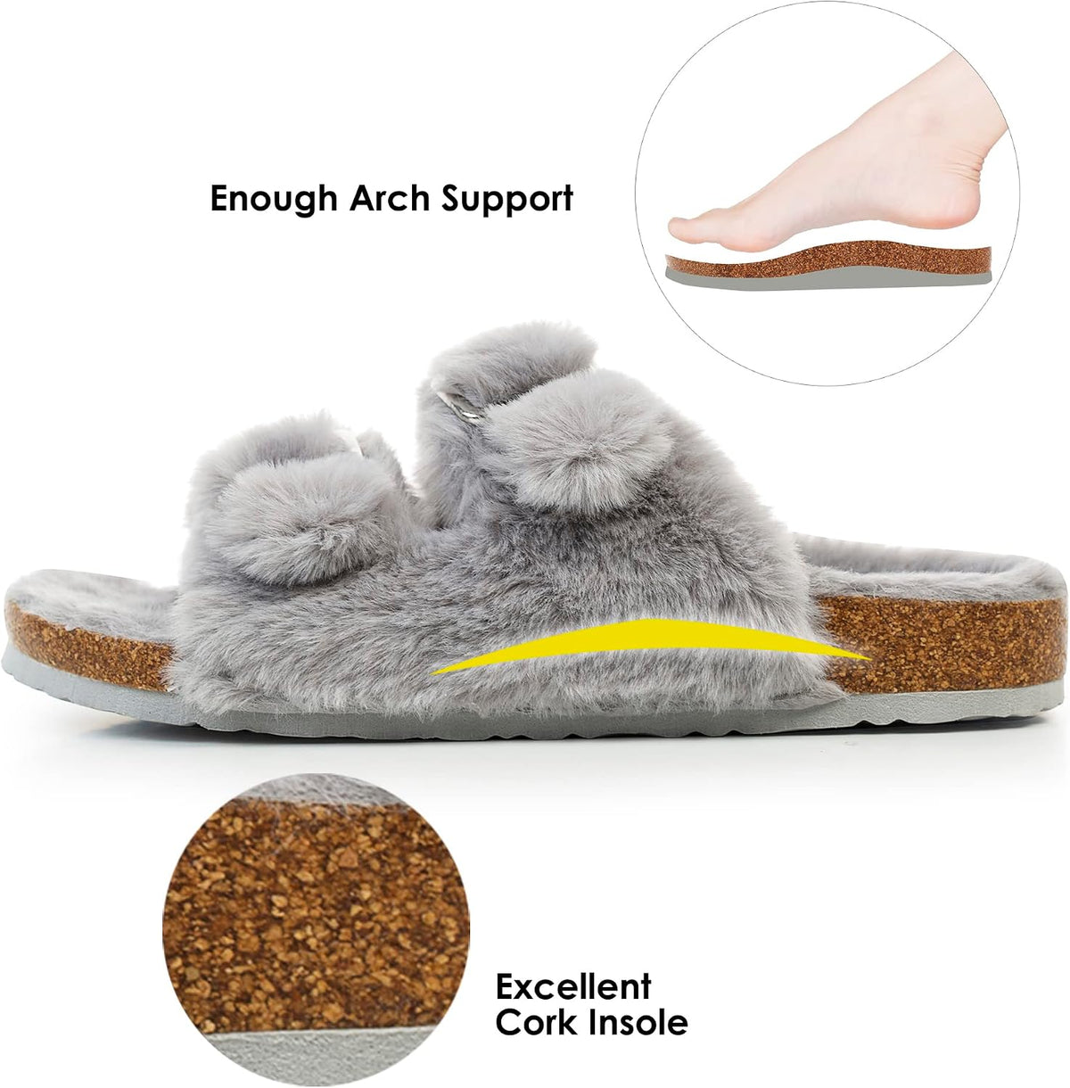 Womens Open Toe Slippers,Faux Rabbit Fur Cork Slides Sandals