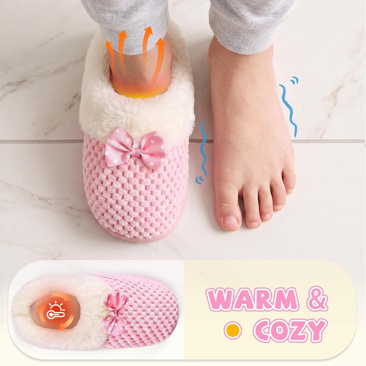 Girls Slippers Memory Foam Toddler Kids Comfort Wool-Like Plush Fleece Lined House Shoes for Indoor & Outdoor