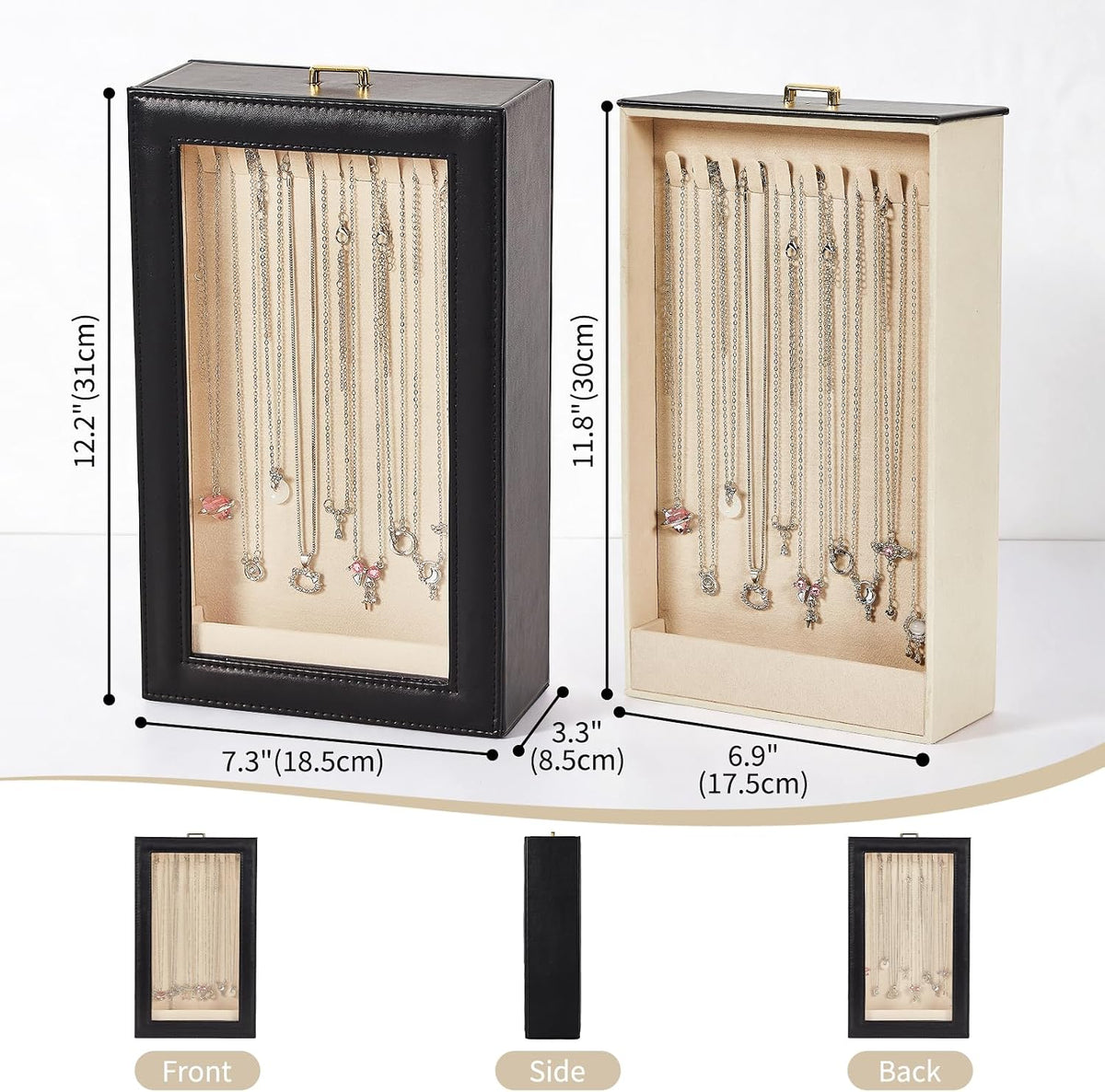 Necklace Organizer Box, Black Leather, 20 Hooks, 12 Inch