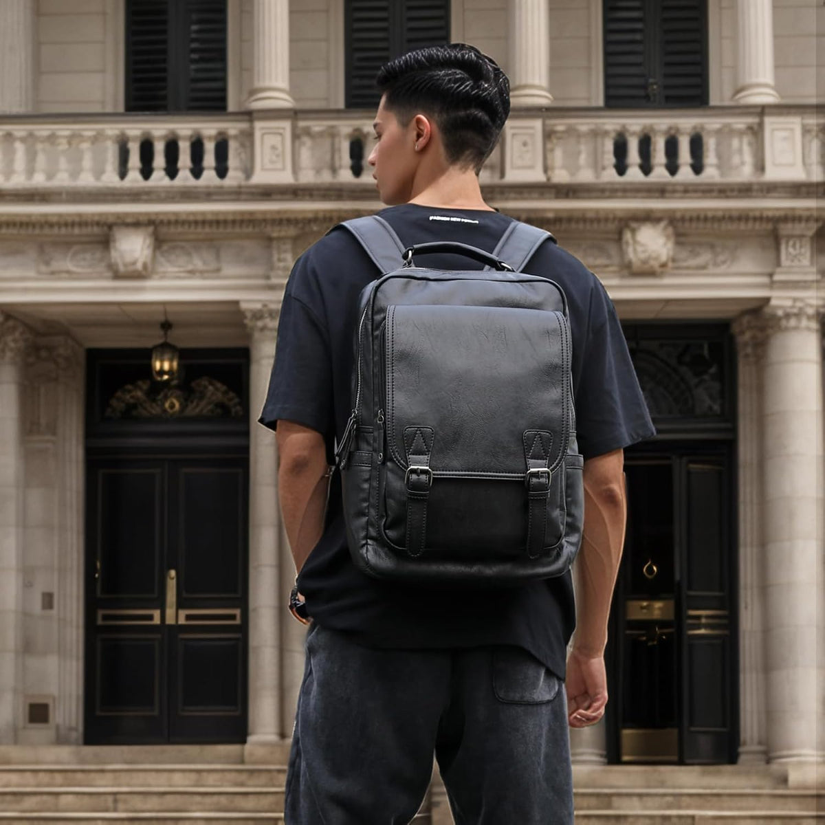 Leather Backpack Fits 15.6 Inch Laptop Vintage Backpack Waterproof Flap Bookbag for Men Leather Travel Backpack for Men Casual Knapsack Black