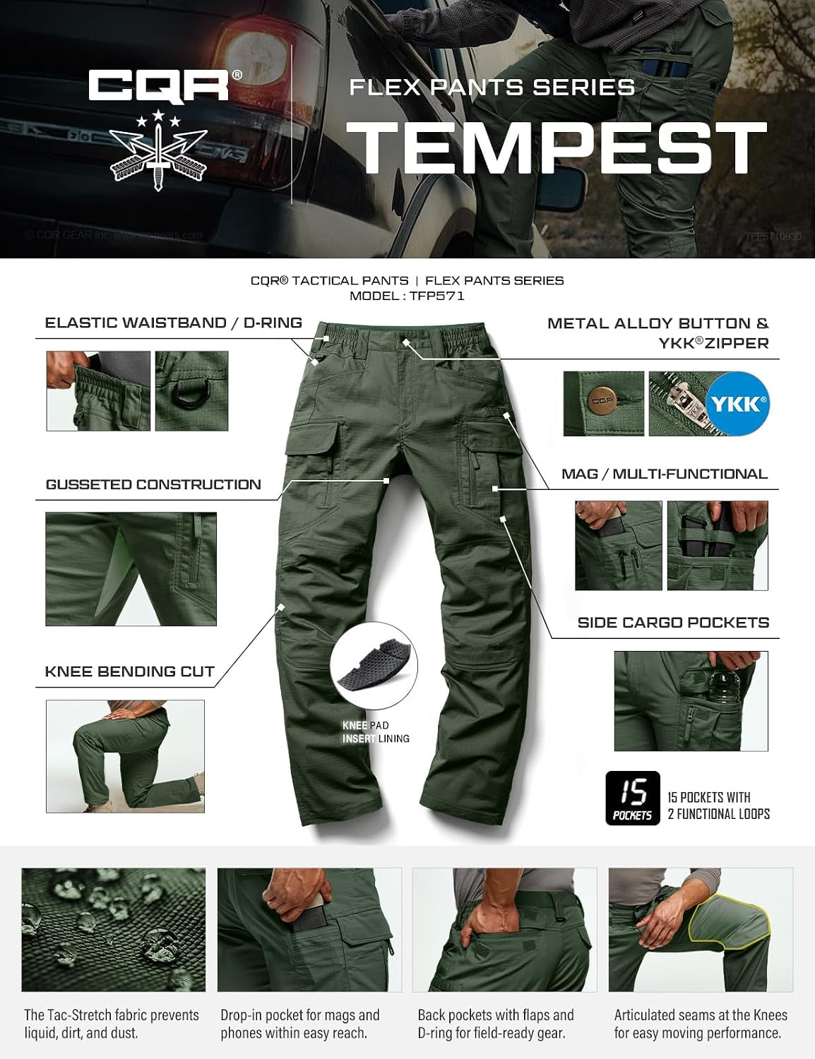 Men'S Flex Stretch Tactical Pants, Water Resistant Ripstop Cargo Pants, Lightweight EDC Outdoor Work Hiking Pants