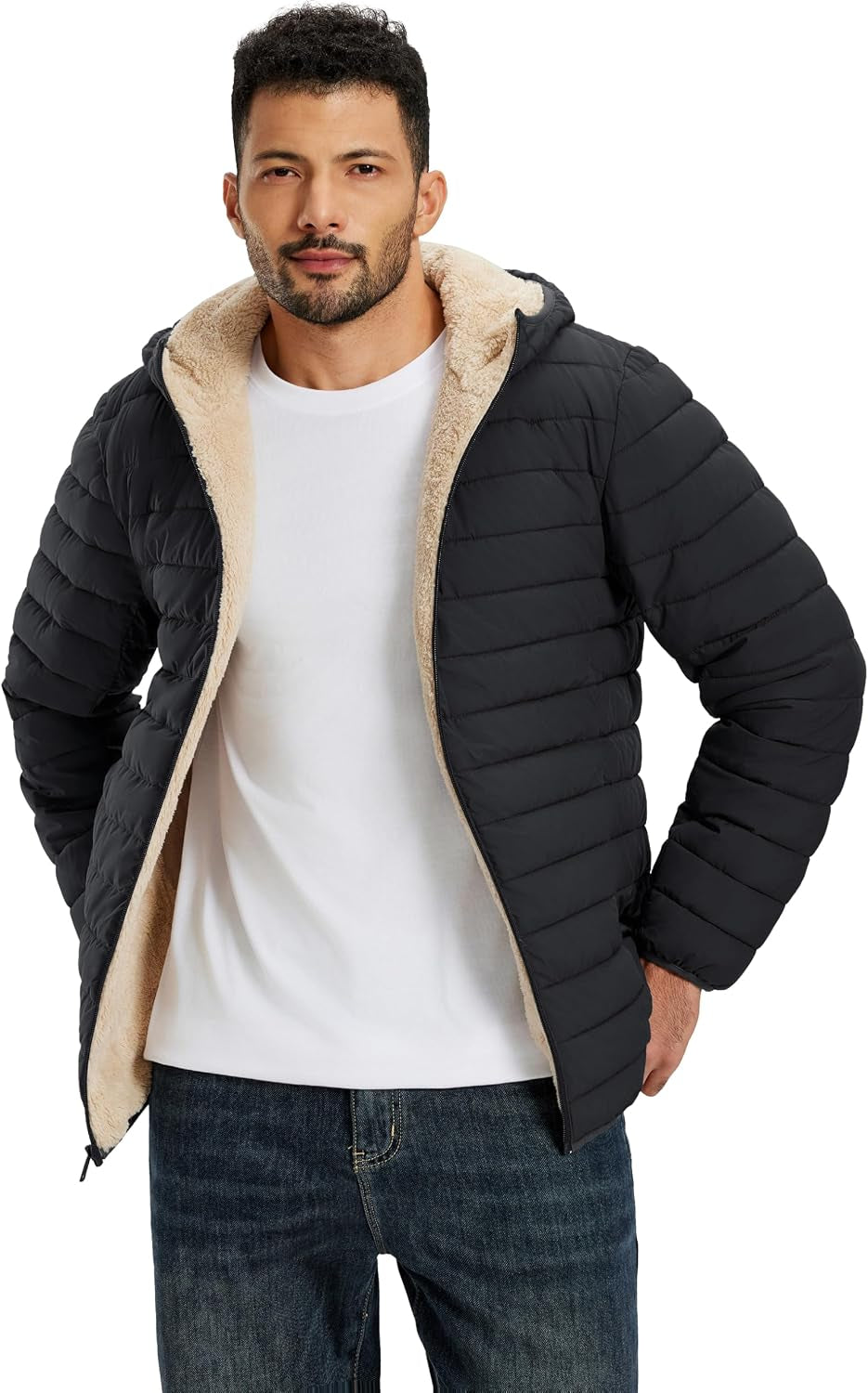 Mens Puffer Jacket Hooded Sherpa Lined Water Resistant Winter Coat
